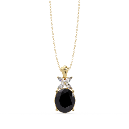 3.6 CTW Oval Butterfly Accent Colorstone Pendant Necklace — Onyx Black — 14K Yellow Gold