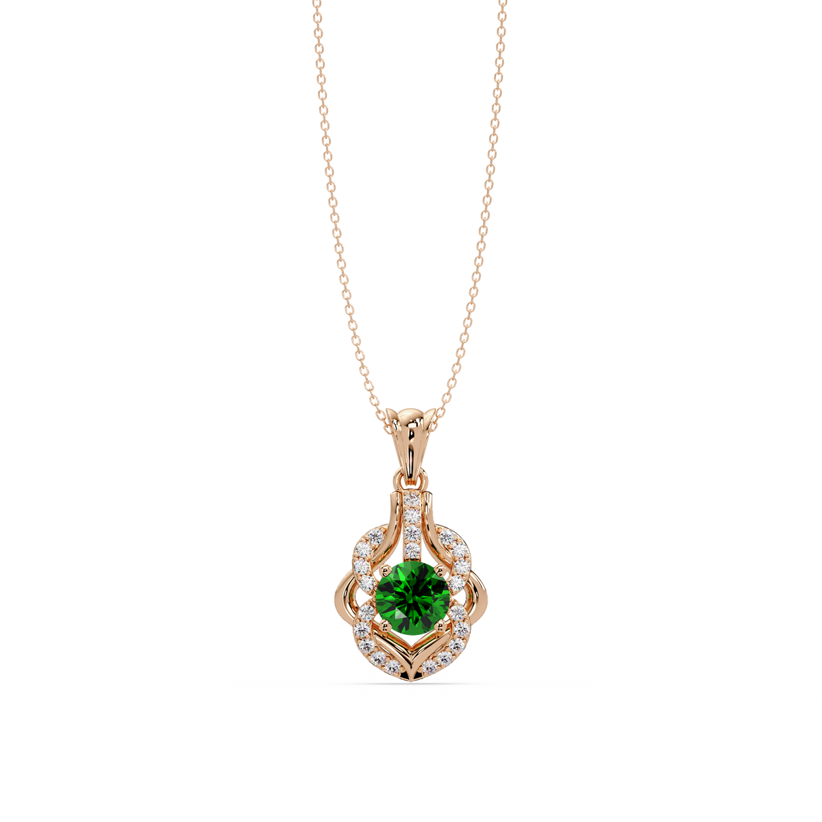 1.6 CTW Round Ornate Frame Colorstone Pendant Necklace — Emerald Deep Green — 14K Rose Gold