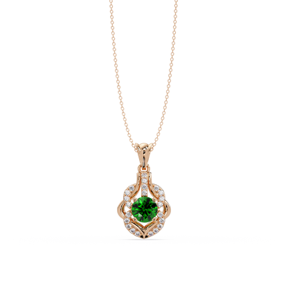 1.6 CTW Round Ornate Frame Colorstone Pendant Necklace — Emerald Deep Green — 14K Rose Gold