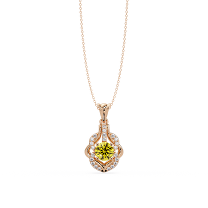 1.6 CTW Round Ornate Frame Colorstone Pendant Necklace — Citrine Lemon Yellow — 14K Rose Gold