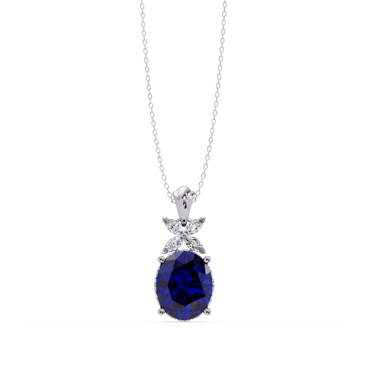 3.6 CTW Oval Butterfly Accent Colorstone Pendant Necklace — Sapphire Royal Blue — 14K White Gold