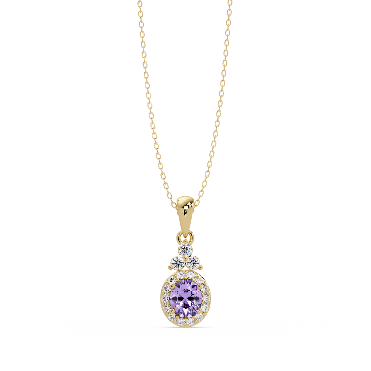 0.7 CTW Oval Halo Cluster Colorstone Pendant Necklace — Amethyst Lavender — 14K Yellow Gold