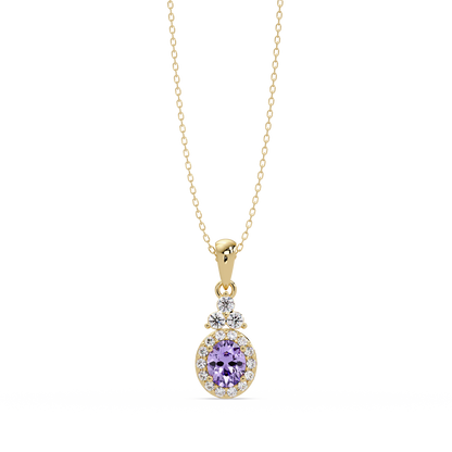 0.7 CTW Oval Halo Cluster Colorstone Pendant Necklace — Amethyst Lavender — 14K Yellow Gold