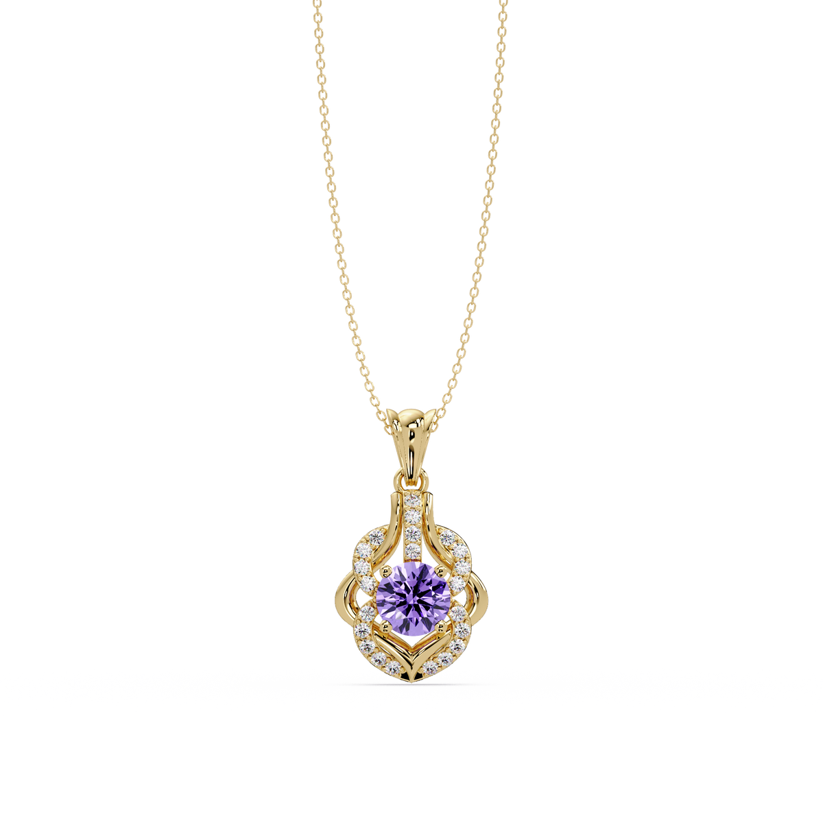 1.6 CTW Round Ornate Frame Colorstone Pendant Necklace — Amethyst Lavender — 14K Yellow Gold