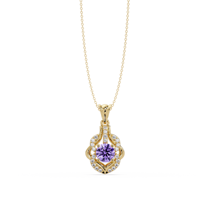 1.6 CTW Round Ornate Frame Colorstone Pendant Necklace — Amethyst Lavender — 14K Yellow Gold