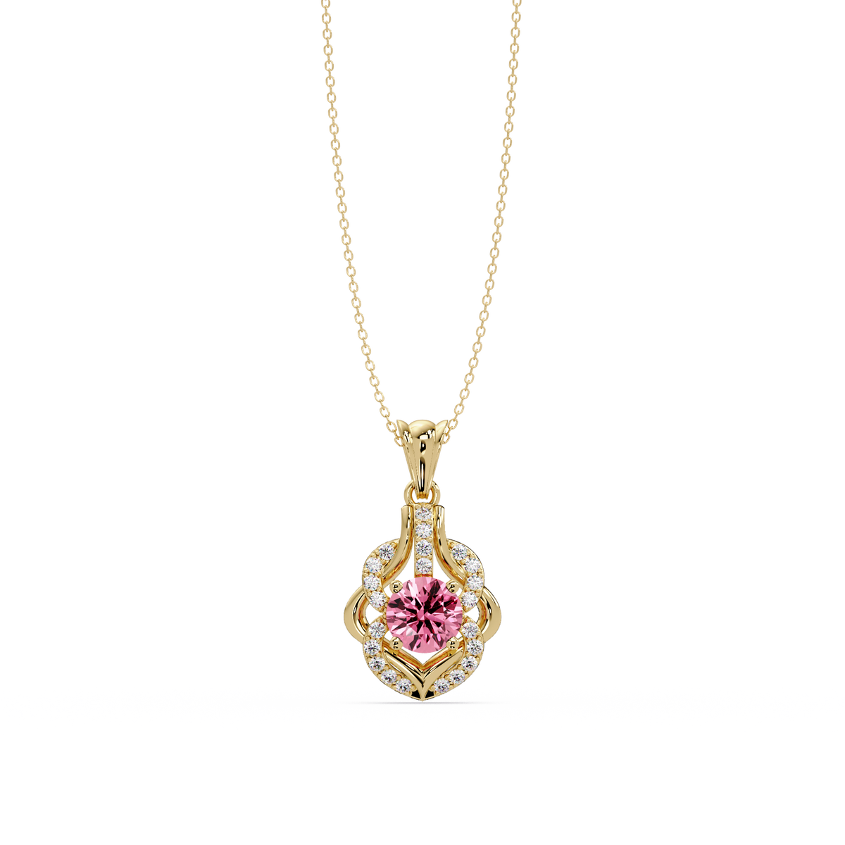 1.6 CTW Round Ornate Frame Colorstone Pendant Necklace — Tourmaline Rose Pink — 14K Yellow Gold