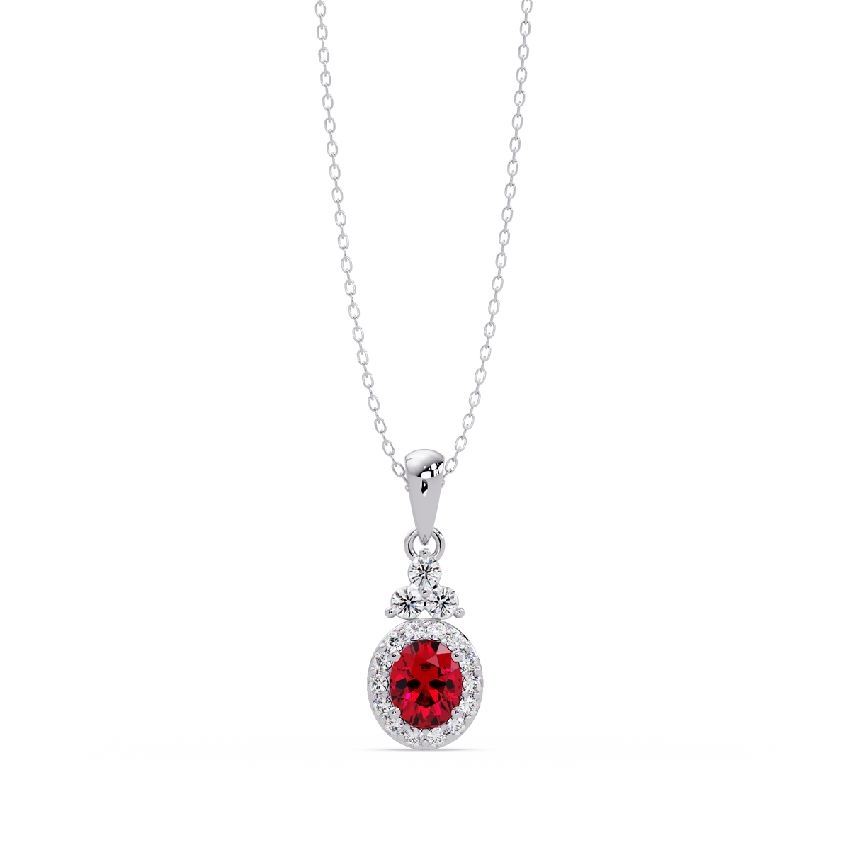0.7 CTW Oval Halo Cluster Colorstone Pendant Necklace — Ruby Deep Red — 14K White Gold
