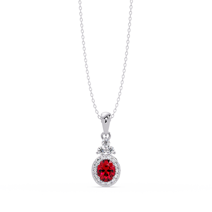 0.7 CTW Oval Halo Cluster Colorstone Pendant Necklace — Ruby Deep Red — 14K White Gold