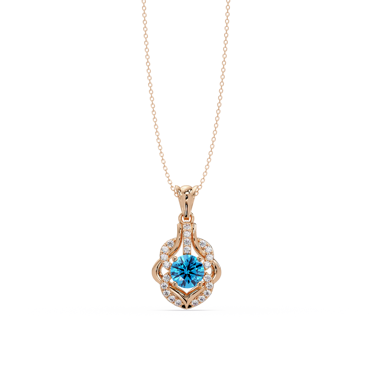 1.6 CTW Round Ornate Frame Colorstone Pendant Necklace — Aquamarine Sky Blue — 14K Rose Gold