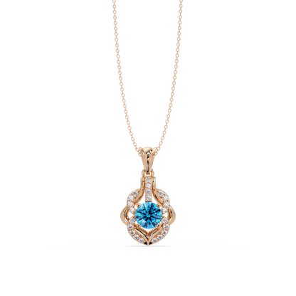 1.6 CTW Round Ornate Frame Colorstone Pendant Necklace — Aquamarine Sky Blue — 14K Rose Gold