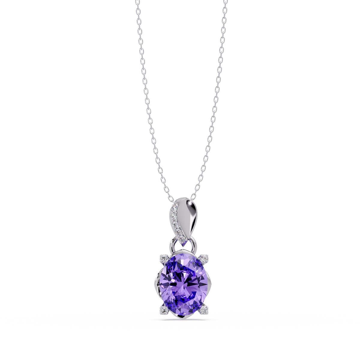 1.8 CTW Oval Solitaire Accent Colorstone Pendant Necklace — Amethyst Lavender — 14K White Gold