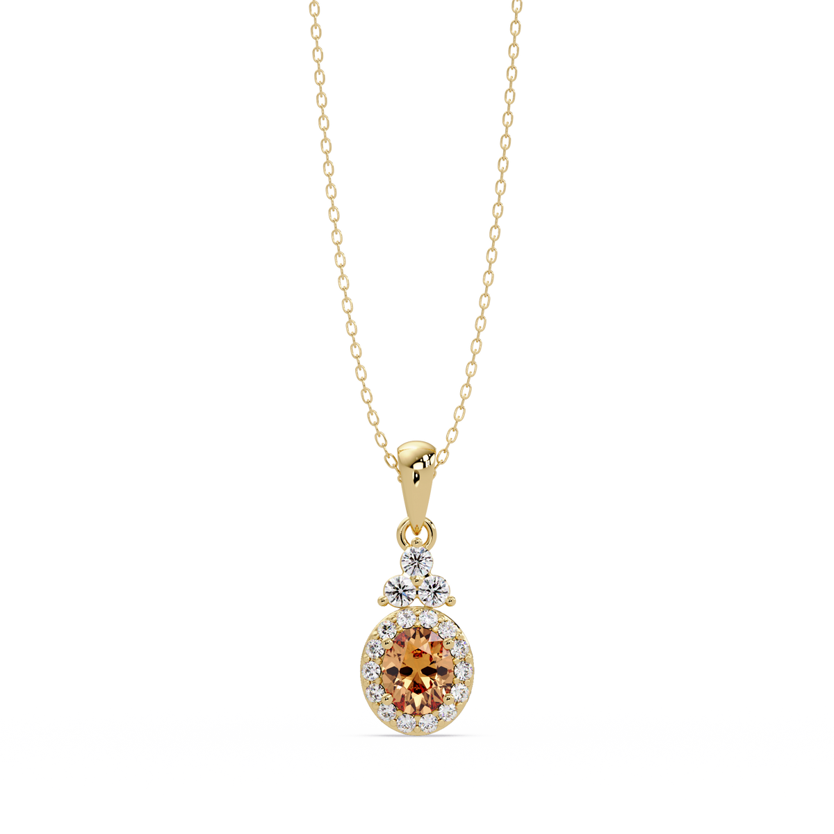 0.7 CTW Oval Halo Cluster Colorstone Pendant Necklace — Champagne Topaz Amber — 14K Yellow Gold