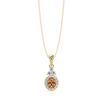 0.7 CTW Oval Halo Cluster Colorstone Pendant Necklace — Champagne Topaz Amber — 14K Yellow Gold
