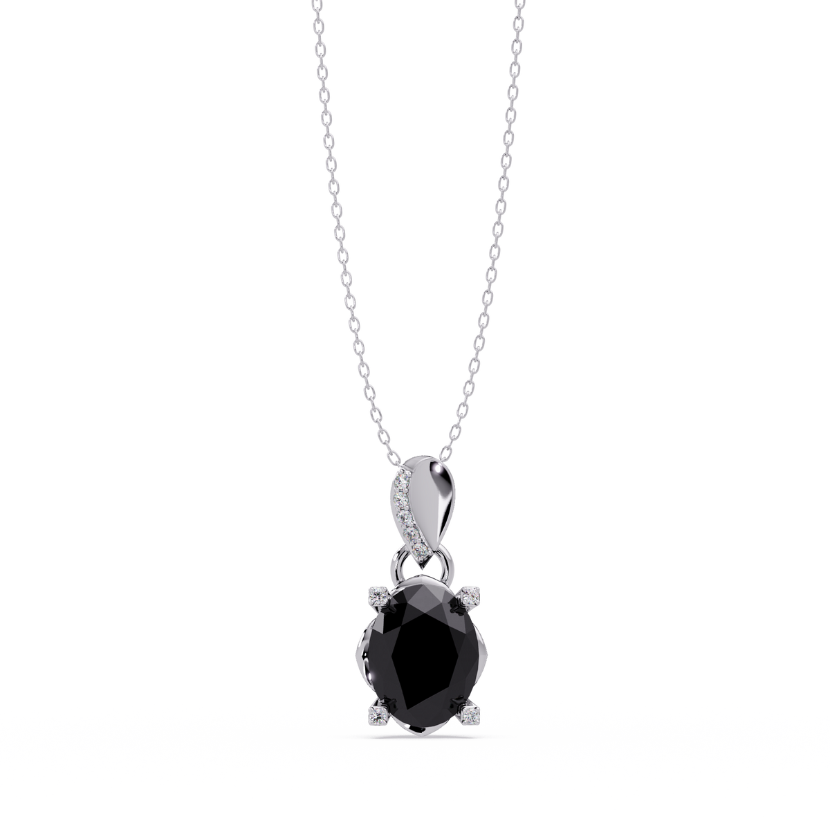 1.8 CTW Oval Solitaire Accent Colorstone Pendant Necklace — Onyx Black — 14K White Gold