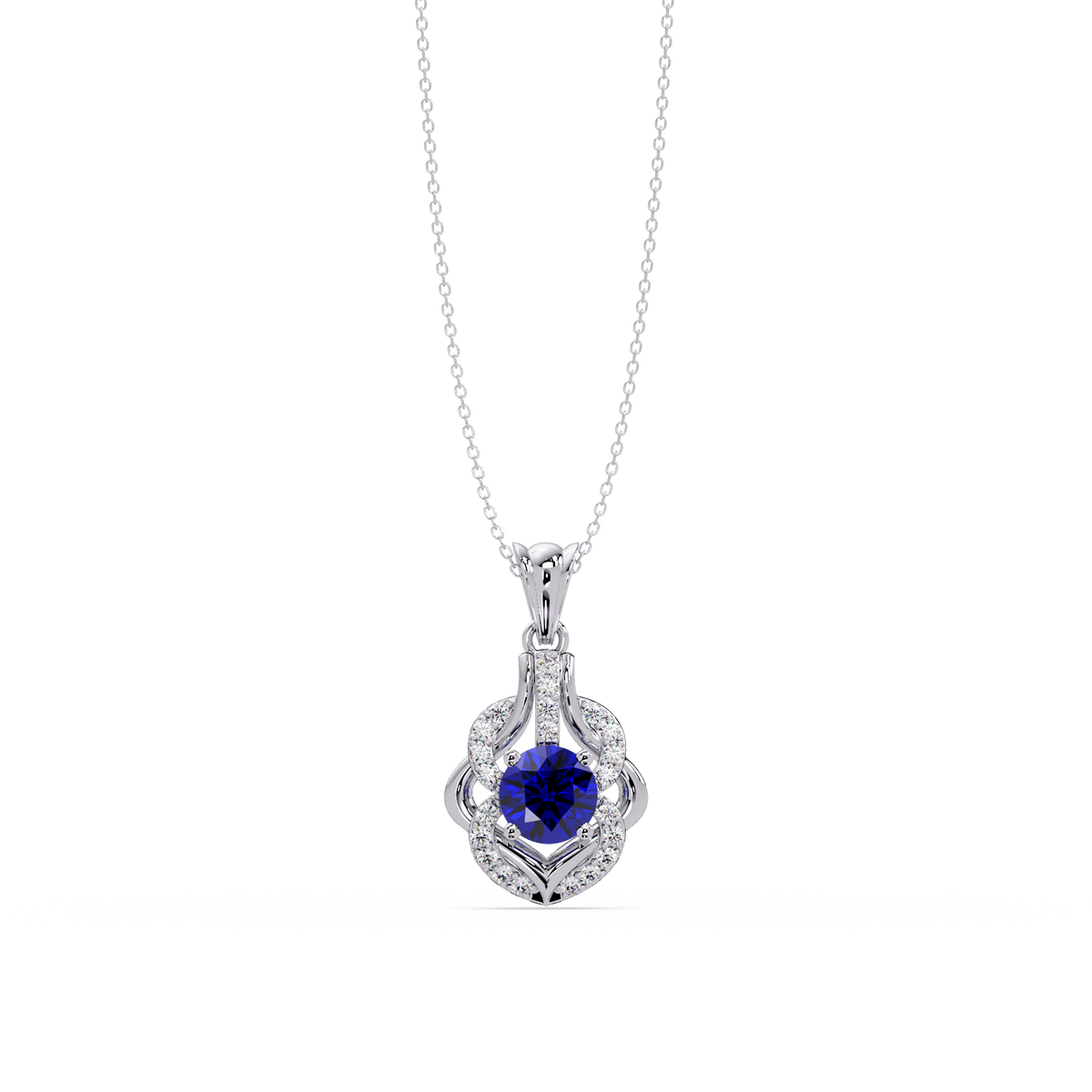 1.6 CTW Round Ornate Frame Colorstone Pendant Necklace — Sapphire Royal Blue — 14K White Gold