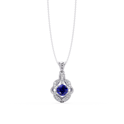 1.6 CTW Round Ornate Frame Colorstone Pendant Necklace — Sapphire Royal Blue — 14K White Gold