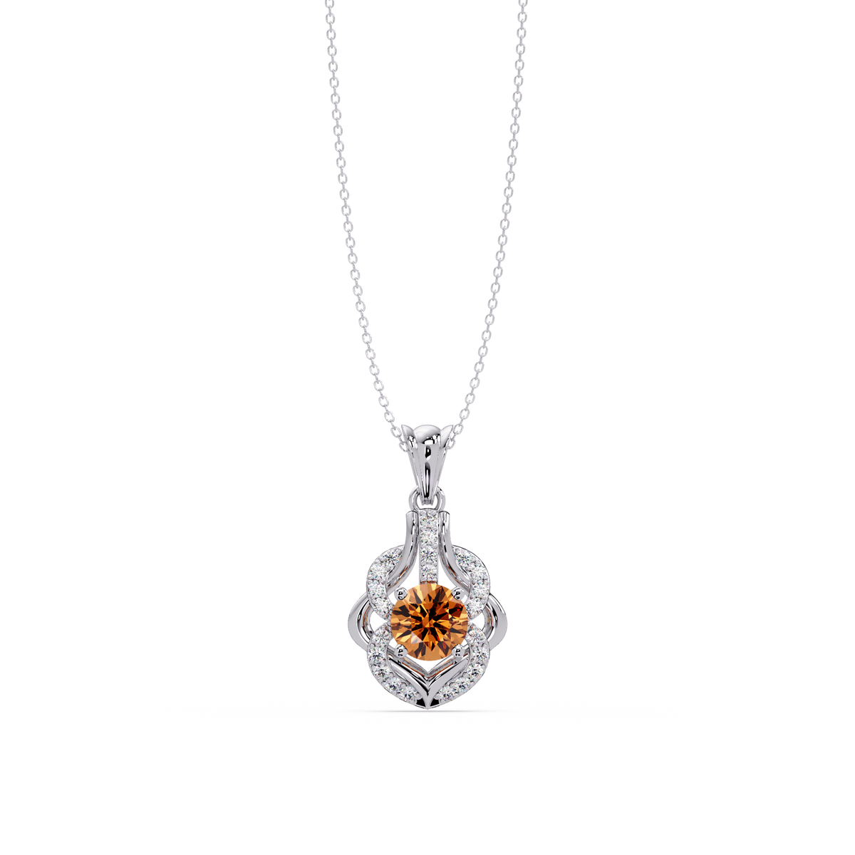 1.6 CTW Round Ornate Frame Colorstone Pendant Necklace — Champagne Topaz Amber — 14K White Gold