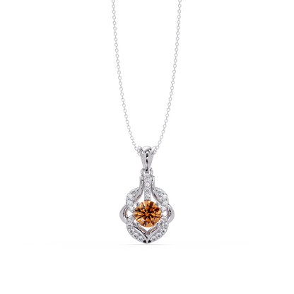 1.6 CTW Round Ornate Frame Colorstone Pendant Necklace — Champagne Topaz Amber — 14K White Gold