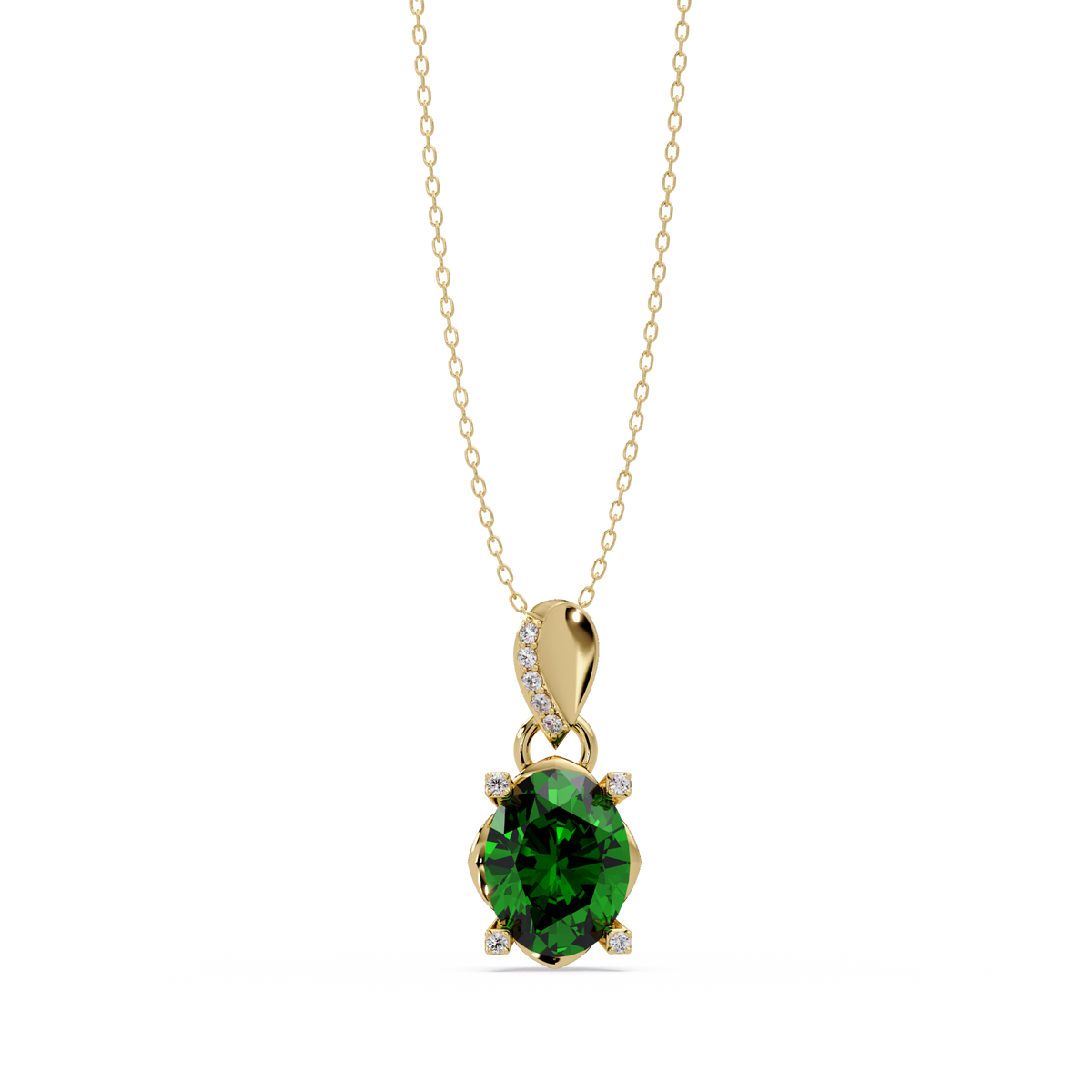 1.8 CTW Oval Solitaire Accent Colorstone Pendant Necklace — Emerald Deep Green — 14K Yellow Gold