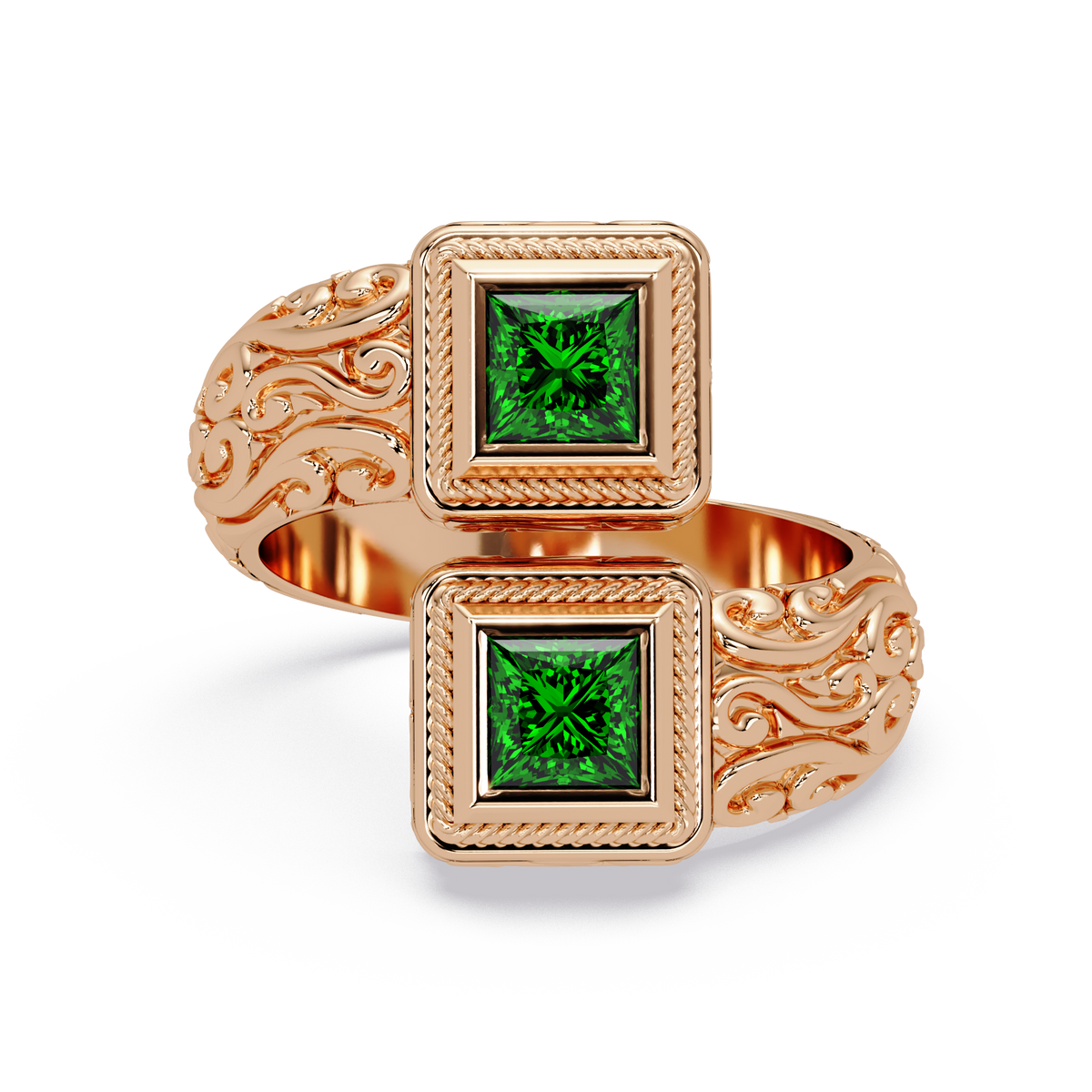 1.0 CTW Princess-Cut Filigree Bypass Colorstone Ring in Emerald Green and Rose Gold – Lunéa Paris