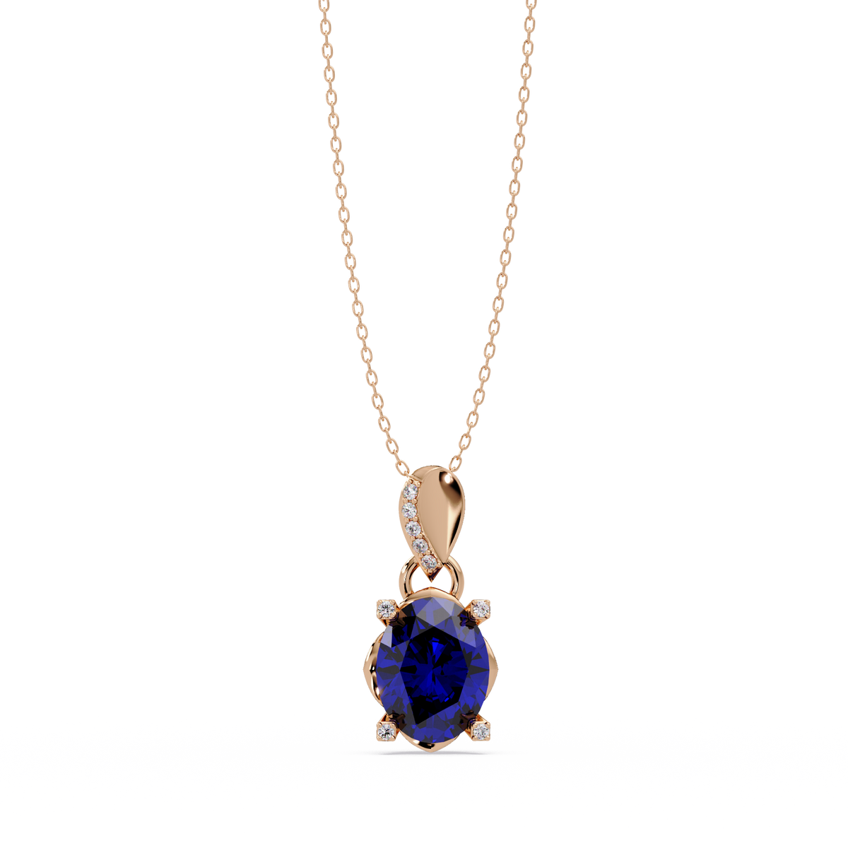 1.8 CTW Oval Solitaire Accent Colorstone Pendant Necklace — Sapphire Royal Blue — 14K Rose Gold