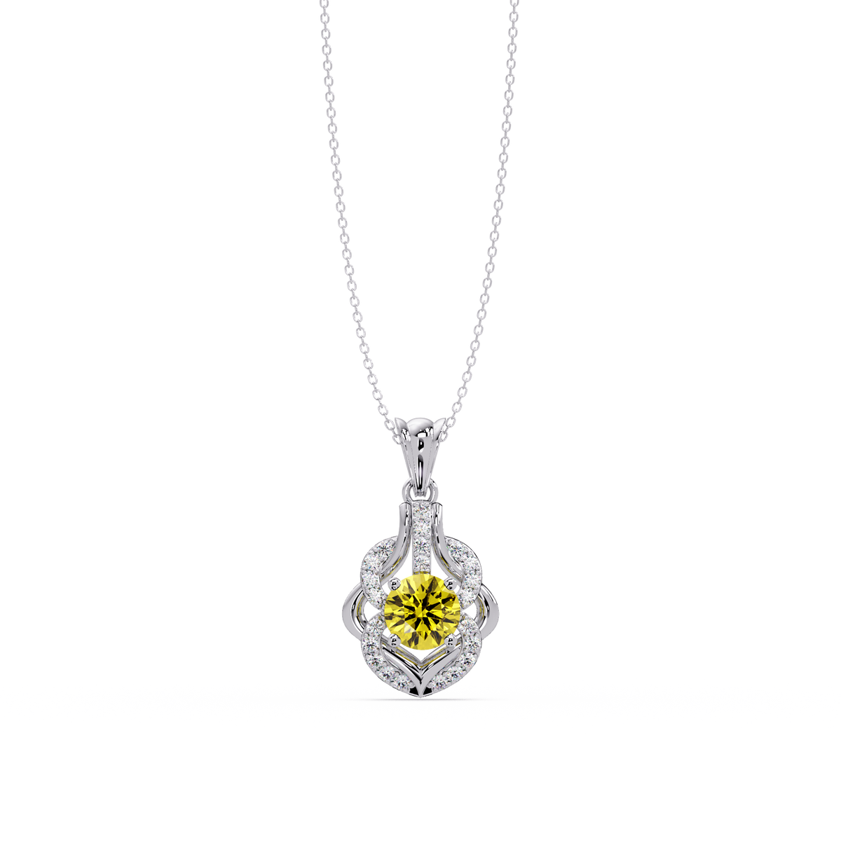 1.6 CTW Round Ornate Frame Colorstone Pendant Necklace — Citrine Lemon Yellow — 14K White Gold