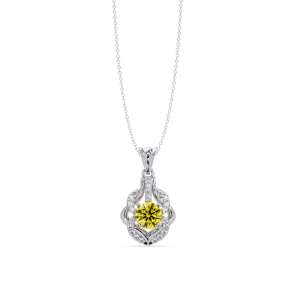1.6 CTW Round Ornate Frame Colorstone Pendant Necklace — Citrine Lemon Yellow — 14K White Gold