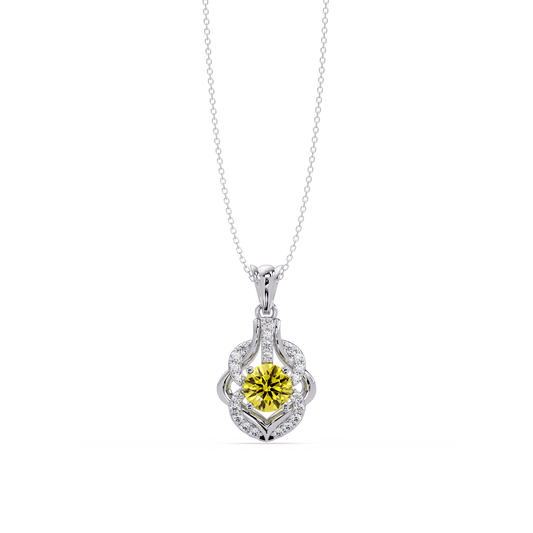 1.6 CTW Round Ornate Frame Colorstone Pendant Necklace — Citrine Lemon Yellow — 14K White Gold