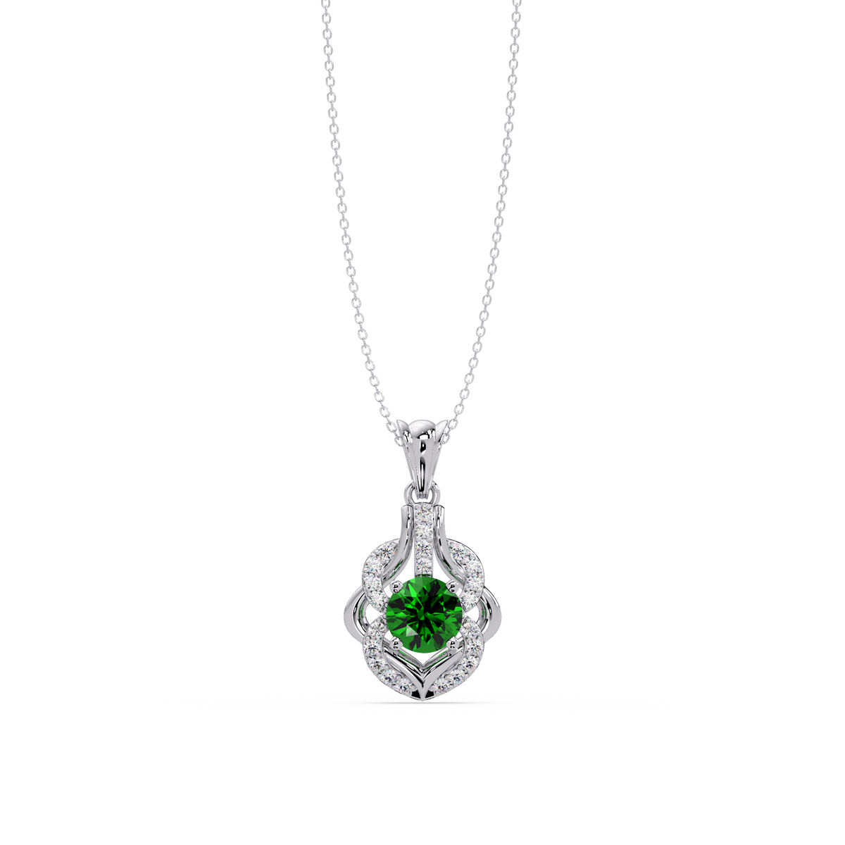 1.6 CTW Round Ornate Frame Colorstone Pendant Necklace — Emerald Deep Green — 14K White Gold