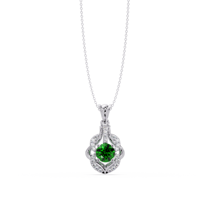 1.6 CTW Round Ornate Frame Colorstone Pendant Necklace — Emerald Deep Green — 14K White Gold