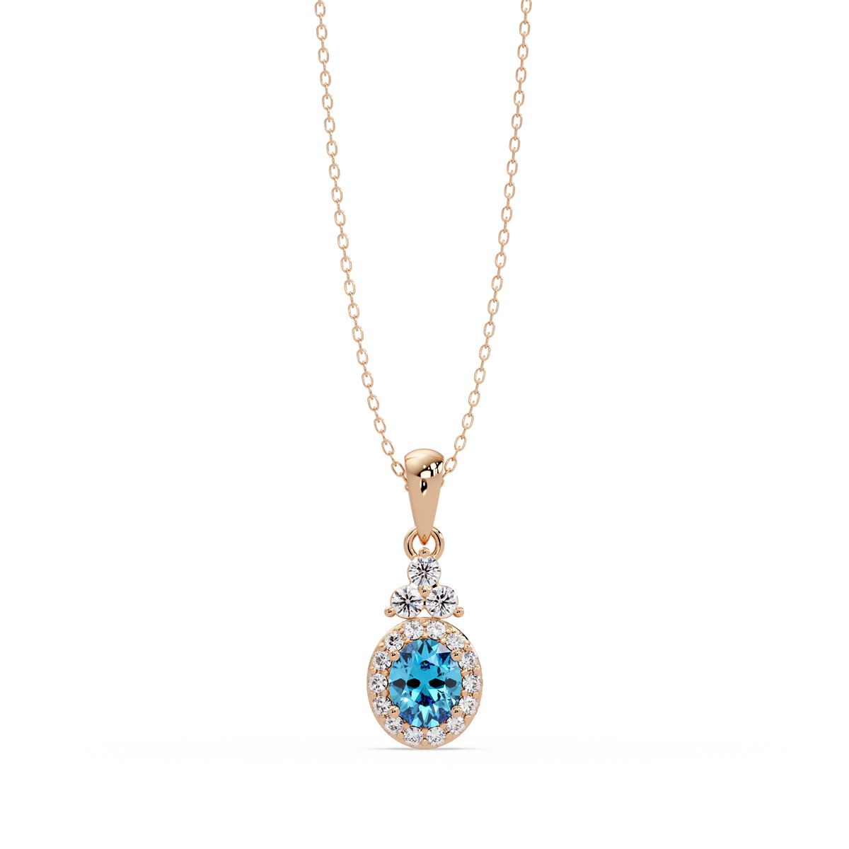 0.7 CTW Oval Halo Cluster Colorstone Pendant Necklace — Aquamarine Sky Blue — 14K Rose Gold