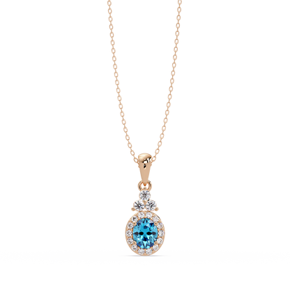 0.7 CTW Oval Halo Cluster Colorstone Pendant Necklace — Aquamarine Sky Blue — 14K Rose Gold