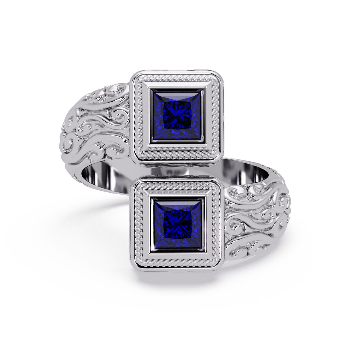 1.0 CTW Princess-Cut Filigree Bypass Colorstone Ring in Sapphire Blue and White Gold – Lunéa Paris