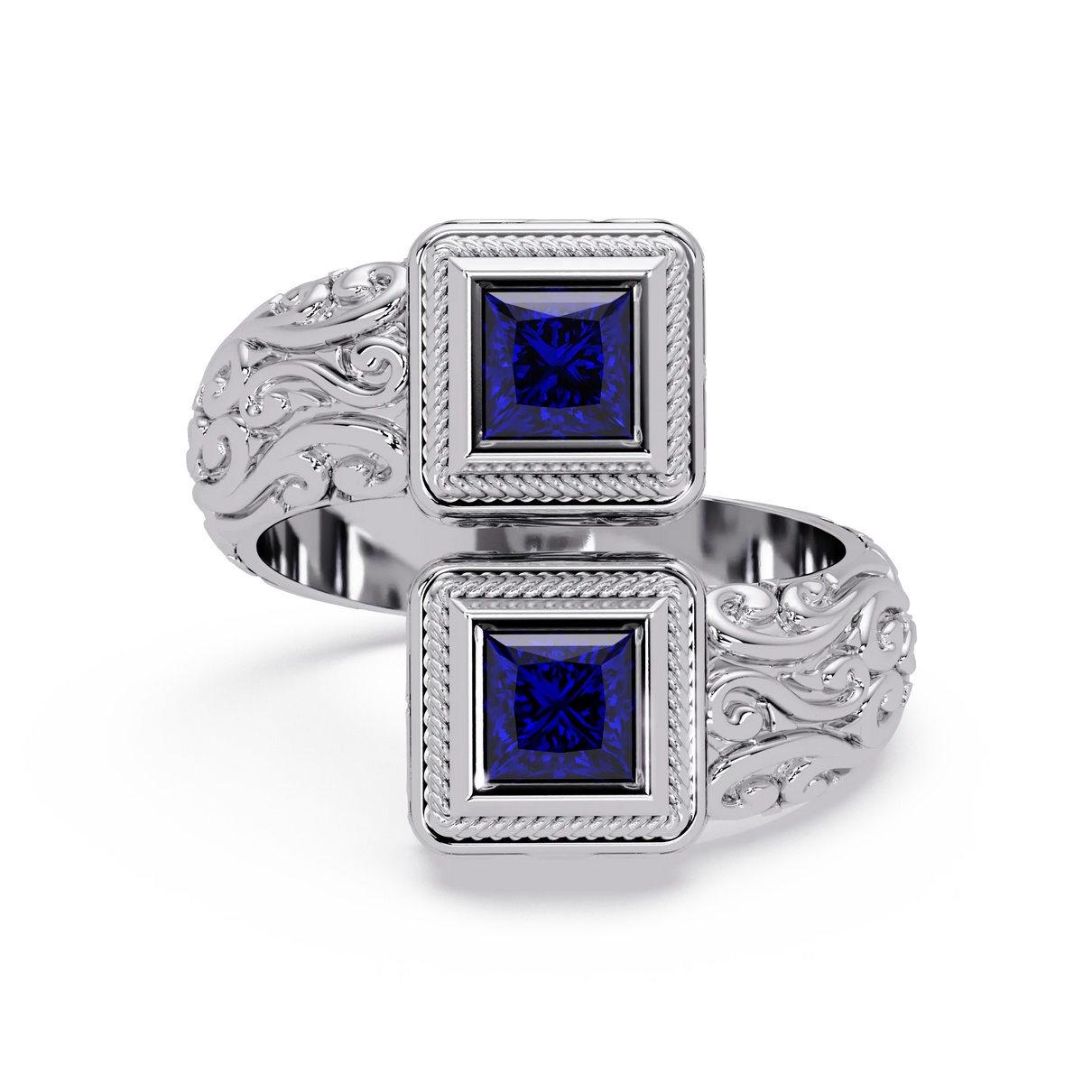 1.0 CTW Princess-Cut Filigree Bypass Colorstone Ring in Sapphire Blue and White Gold – Lunéa Paris