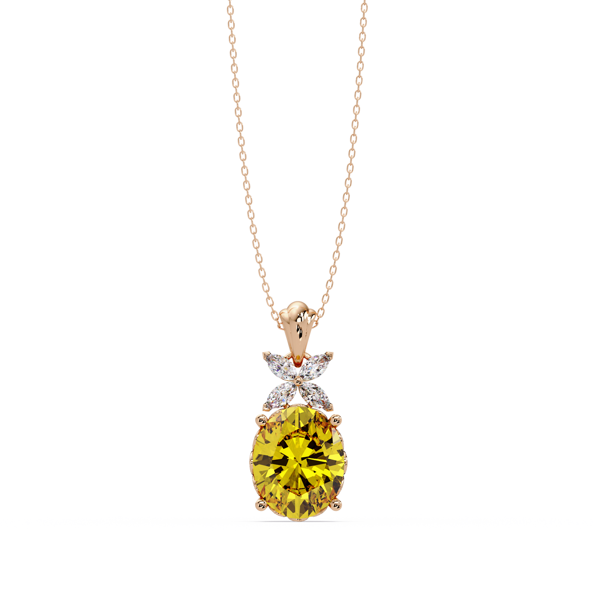 3.6 CTW Oval Butterfly Accent Colorstone Pendant Necklace — Citrine Lemon Yellow — 14K Rose Gold