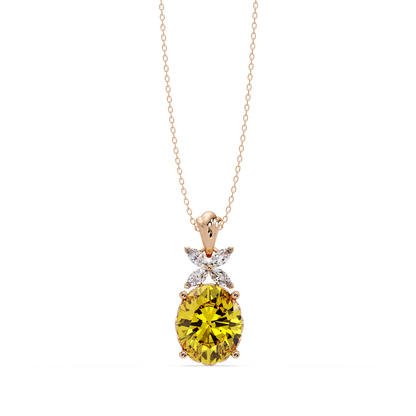 3.6 CTW Oval Butterfly Accent Colorstone Pendant Necklace — Citrine Lemon Yellow — 14K Rose Gold