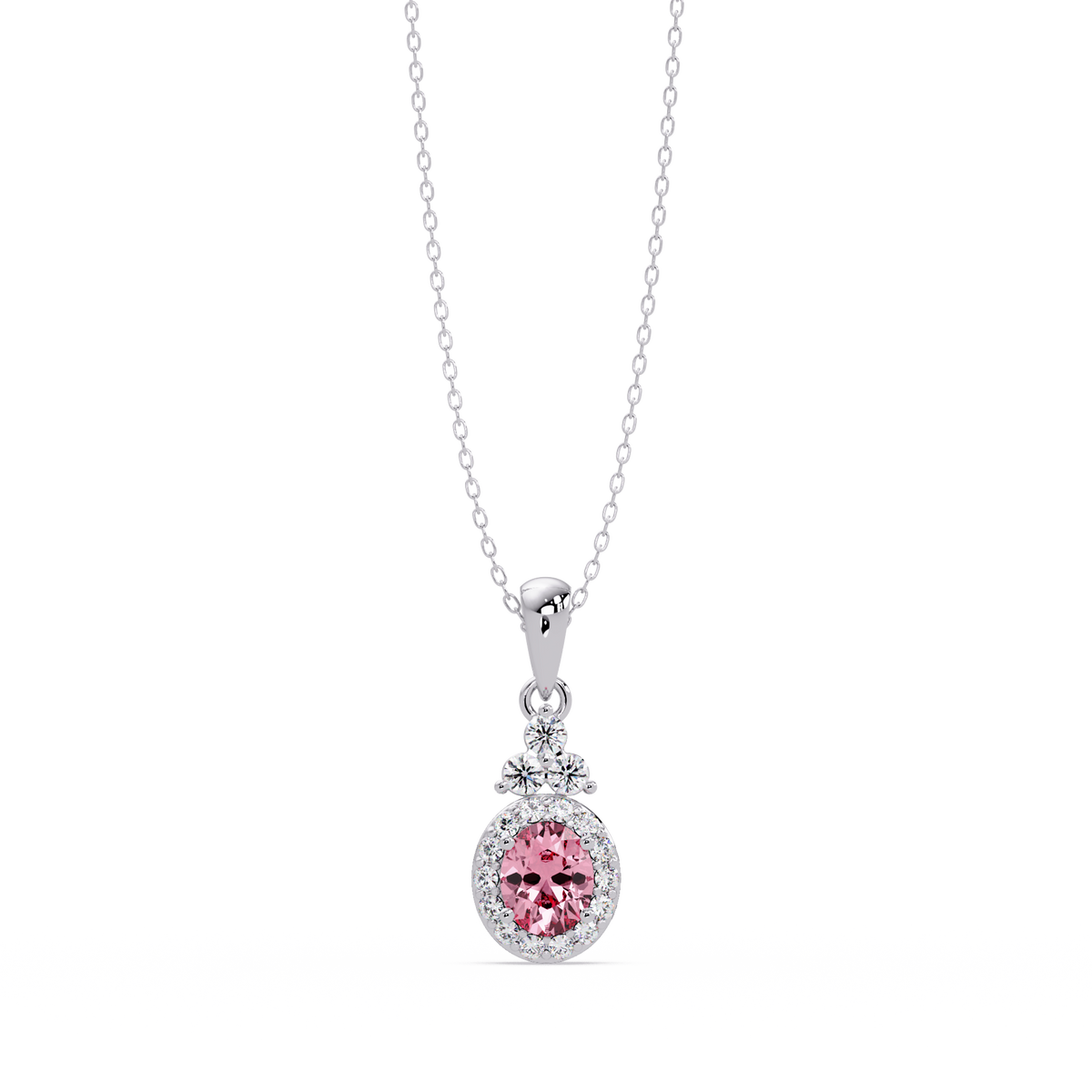 0.7 CTW Oval Halo Cluster Colorstone Pendant Necklace — Tourmaline Rose Pink — 14K White Gold