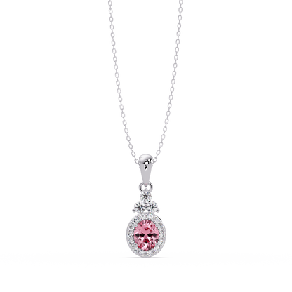 0.7 CTW Oval Halo Cluster Colorstone Pendant Necklace — Tourmaline Rose Pink — 14K White Gold