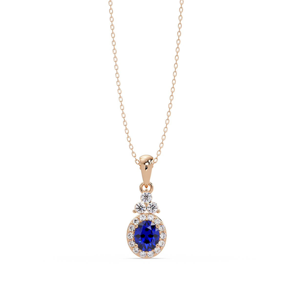 0.7 CTW Oval Halo Cluster Colorstone Pendant Necklace — Sapphire Royal Blue — 14K Rose Gold