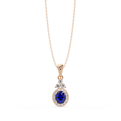 0.7 CTW Oval Halo Cluster Colorstone Pendant Necklace — Sapphire Royal Blue — 14K Rose Gold