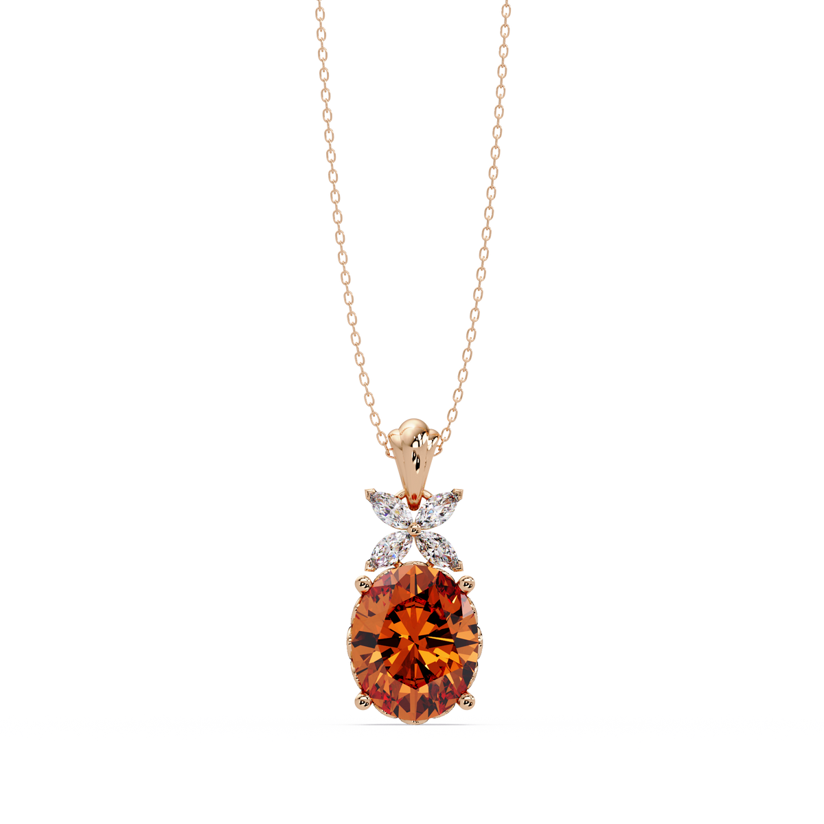 3.6 CTW Oval Butterfly Accent Colorstone Pendant Necklace — Champagne Topaz Amber — 14K Rose Gold
