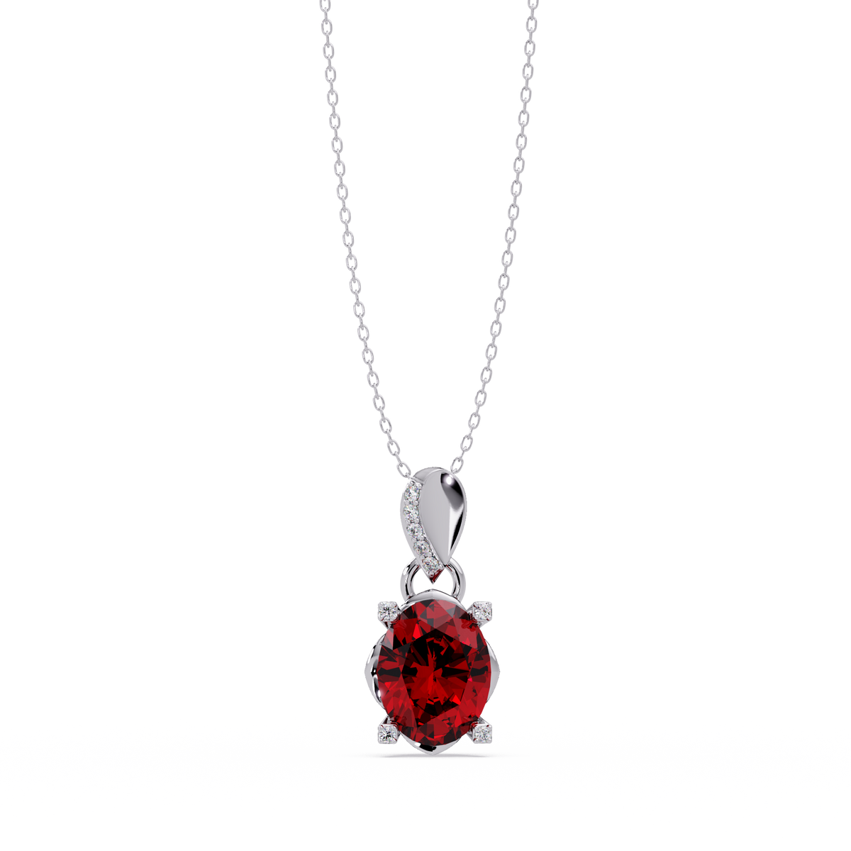 1.8 CTW Oval Solitaire Accent Colorstone Pendant Necklace — Ruby Deep Red — 14K White Gold