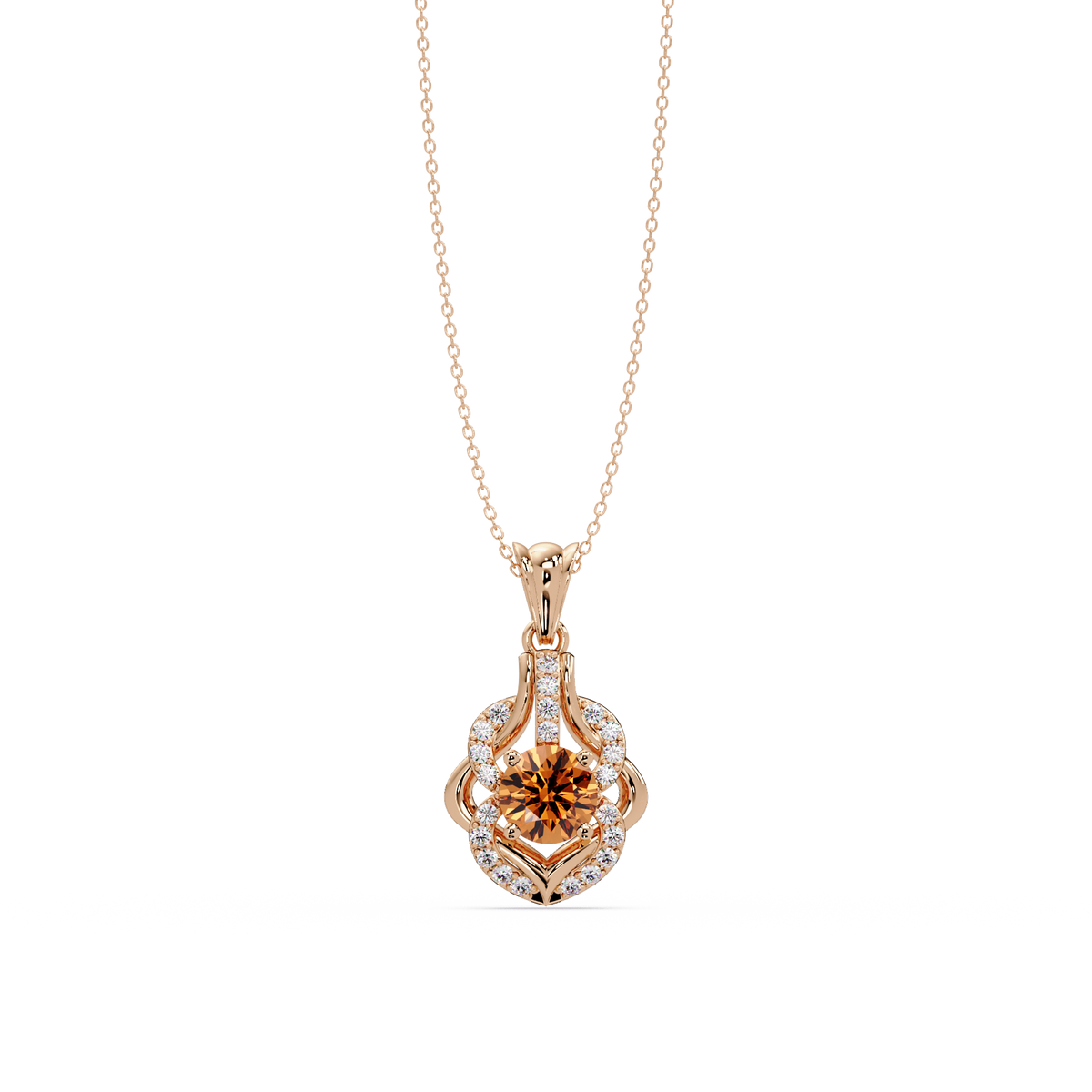 1.6 CTW Round Ornate Frame Colorstone Pendant Necklace — Champagne Topaz Amber — 14K Rose Gold