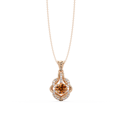 1.6 CTW Round Ornate Frame Colorstone Pendant Necklace — Champagne Topaz Amber — 14K Rose Gold
