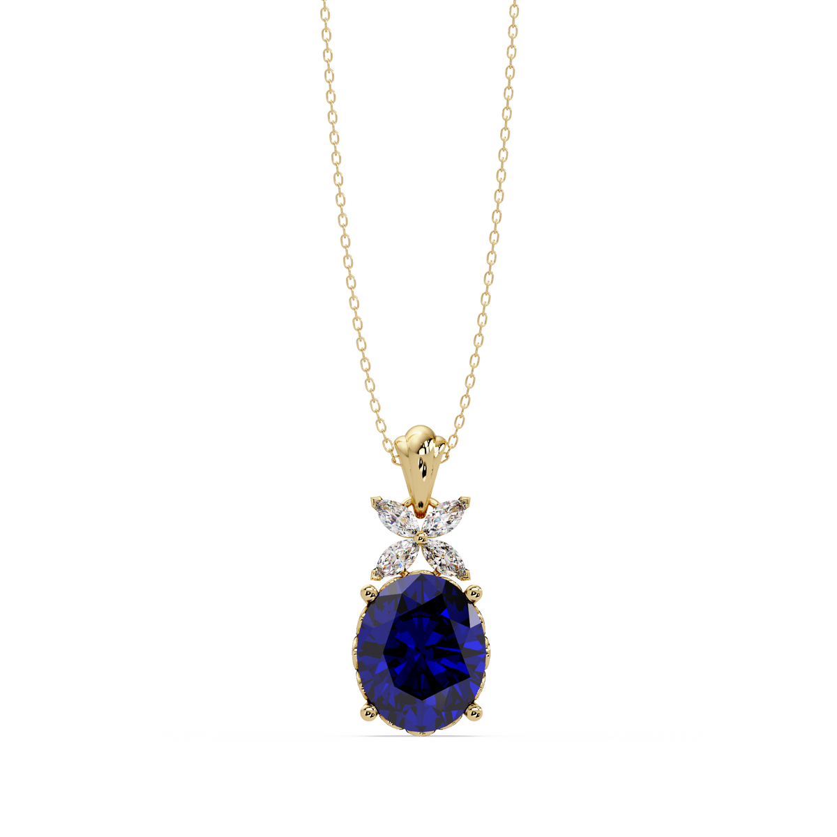 3.6 CTW Oval Butterfly Accent Colorstone Pendant Necklace — Sapphire Royal Blue — 14K Yellow Gold