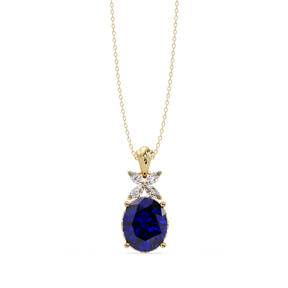 3.6 CTW Oval Butterfly Accent Colorstone Pendant Necklace — Sapphire Royal Blue — 14K Yellow Gold