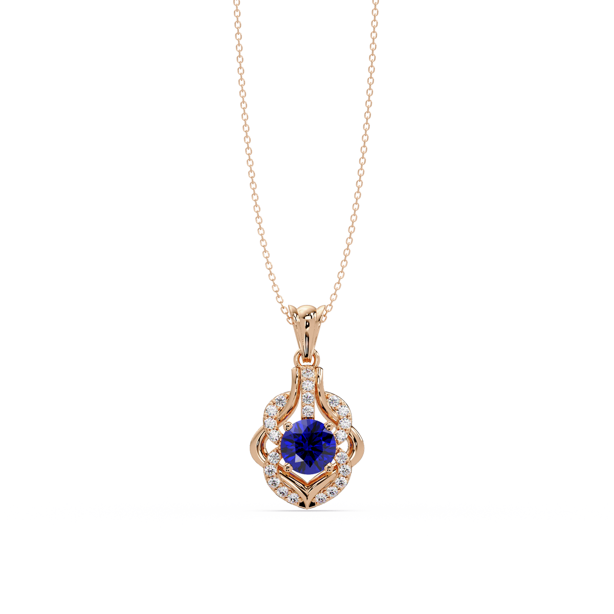 1.6 CTW Round Ornate Frame Colorstone Pendant Necklace — Sapphire Royal Blue — 14K Rose Gold