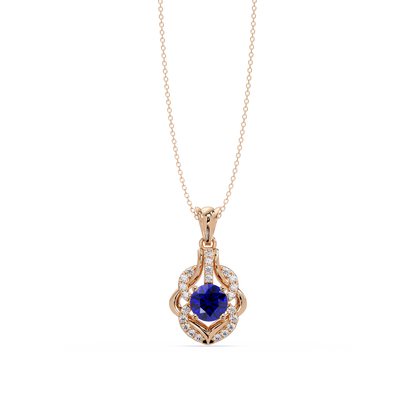 1.6 CTW Round Ornate Frame Colorstone Pendant Necklace — Sapphire Royal Blue — 14K Rose Gold