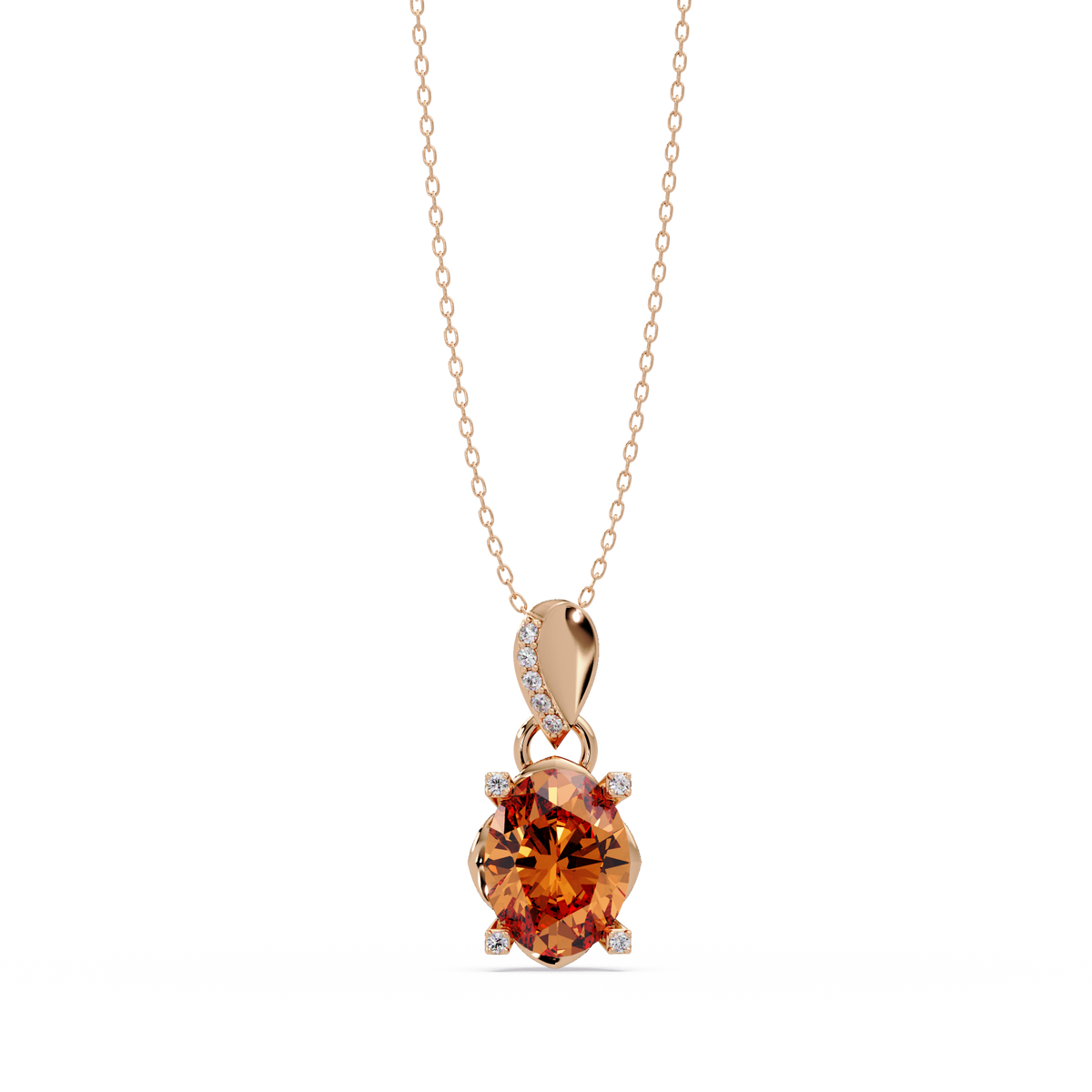 1.8 CTW Oval Solitaire Accent Colorstone Pendant Necklace — Champagne Topaz Amber — 14K Rose Gold