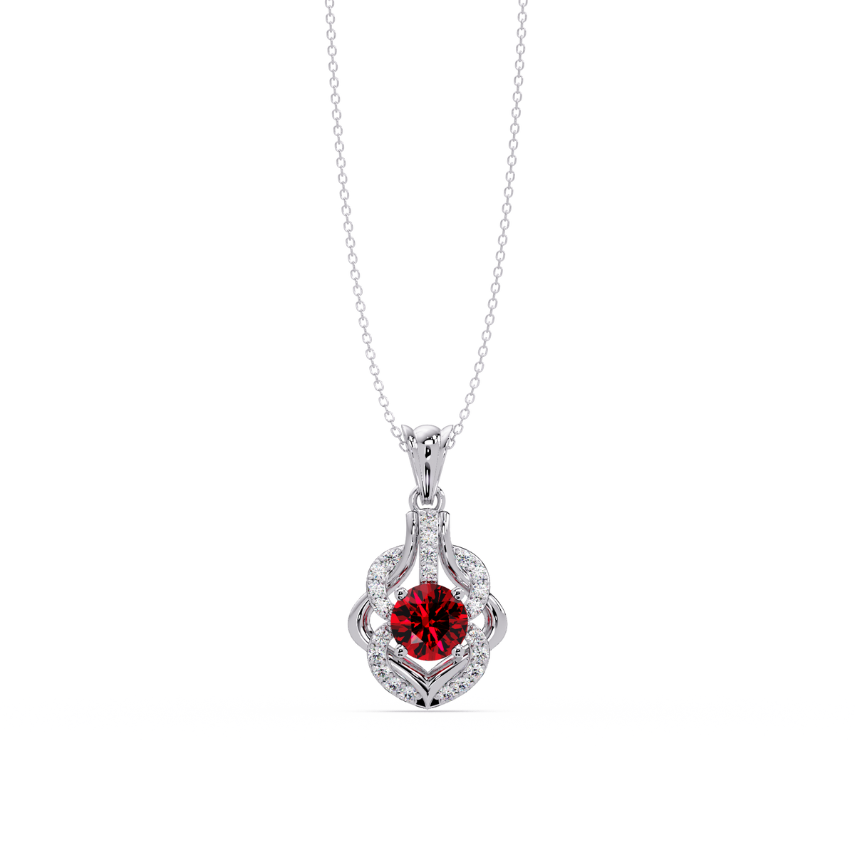 1.6 CTW Round Ornate Frame Colorstone Pendant Necklace — Ruby Deep Red — 14K White Gold